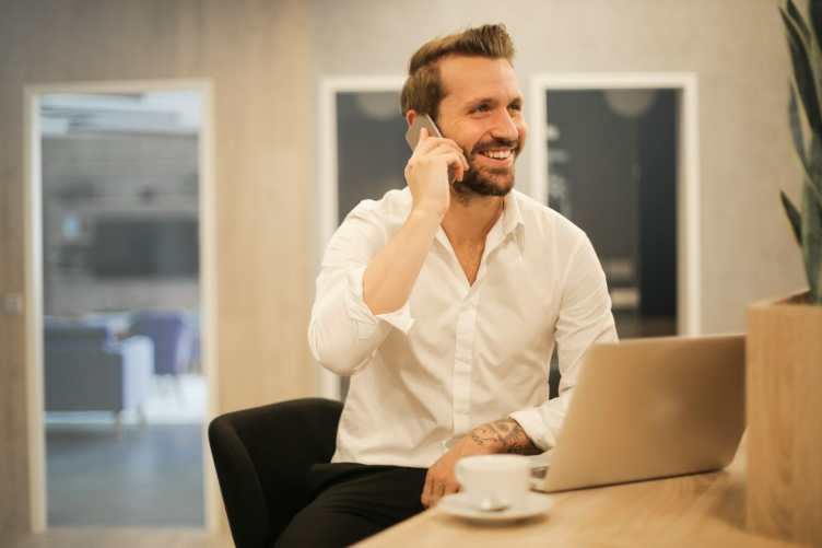 a marketing consultant speaking on the phone